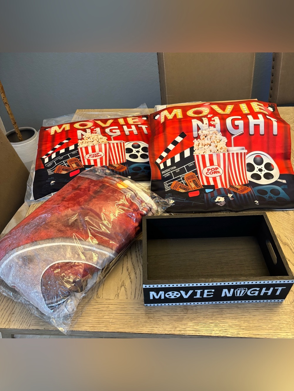 New Movie Night Bundle Throw Blanket Pillows Inserts & Wood Tray